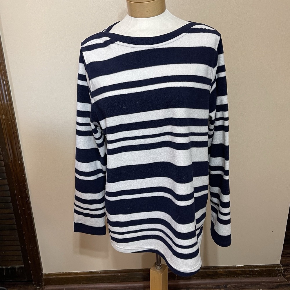 Lands End Womens Navy White Striped ThermaCheck Fleece Pullover Top Large 14-16
